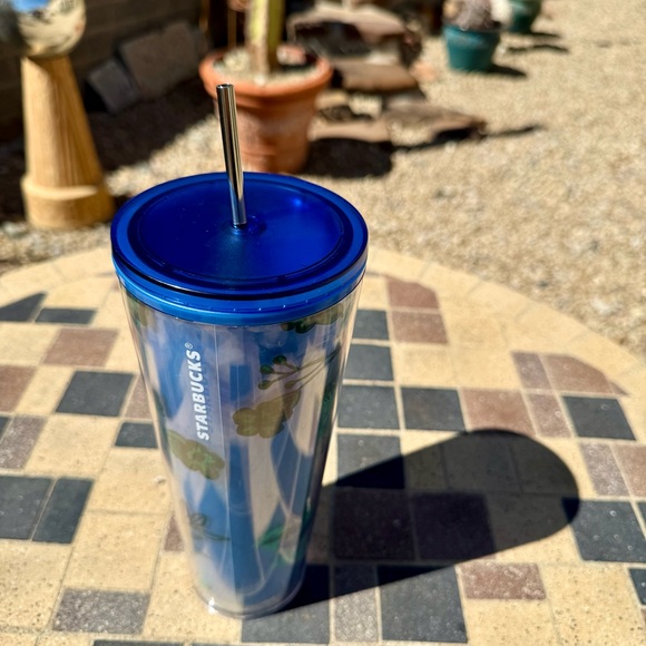 Starbucks 3 D blue glitter roses cold beverage cup, green floral 24 oz - Picture 2 of 9